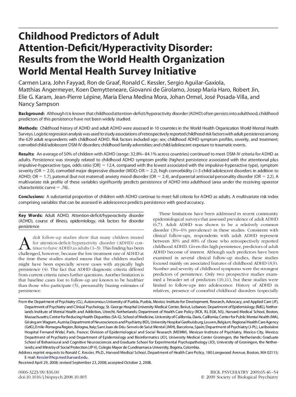 Childhood Predictors of Adult Attention-Deficit/Hyperactivity Disorder: Results from the World Health Organization World Mental Health Survey Initiative