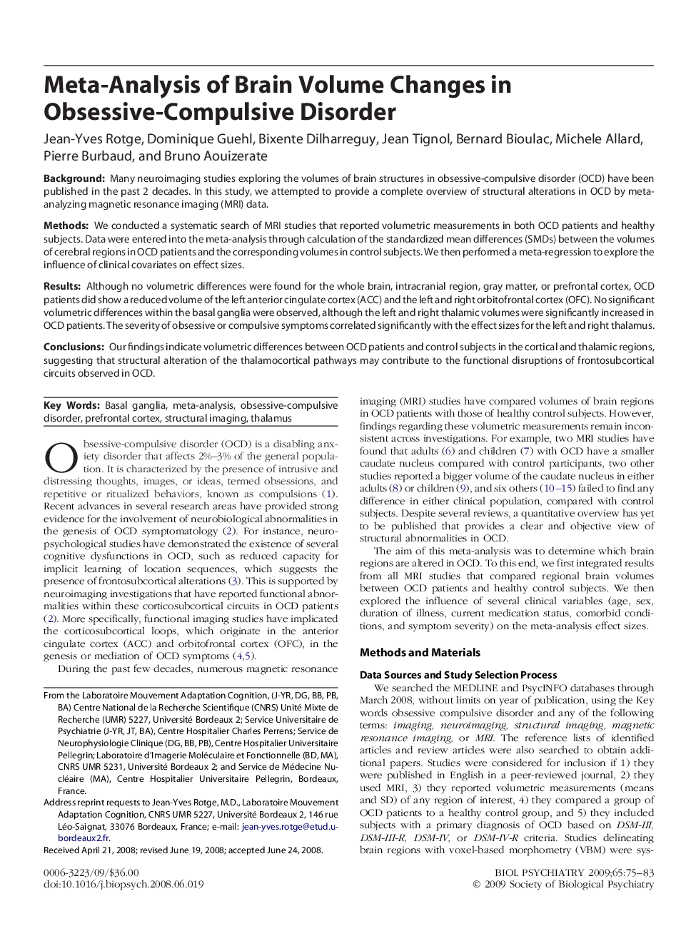 Archival ReportMeta-Analysis of Brain Volume Changes in Obsessive-Compulsive Disorder