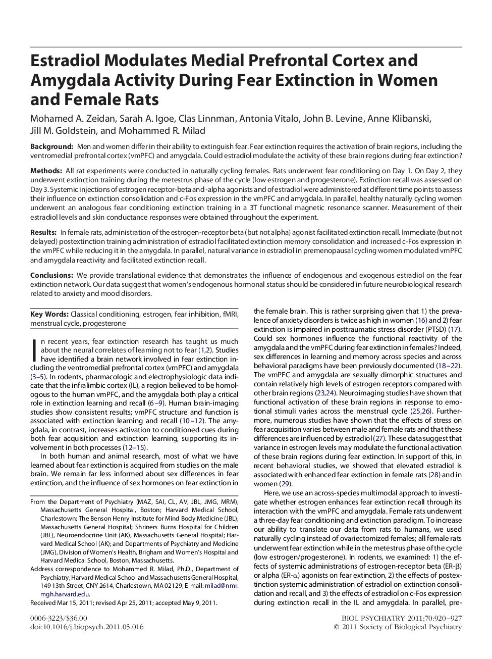 Estradiol Modulates Medial Prefrontal Cortex and Amygdala Activity During Fear Extinction in Women and Female Rats