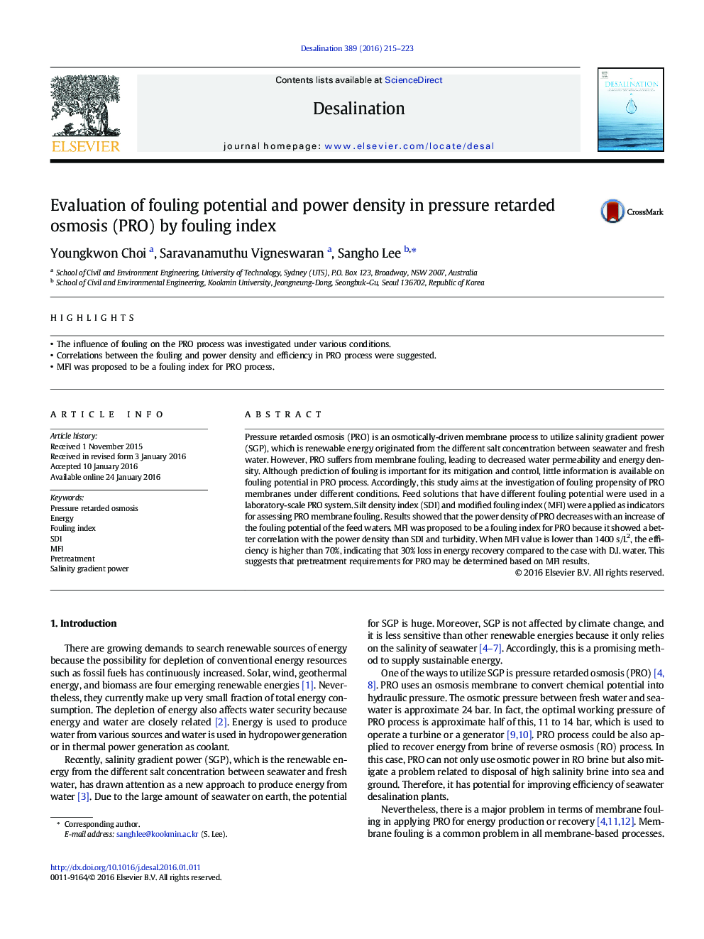 Evaluation of fouling potential and power density in pressure retarded osmosis (PRO) by fouling index