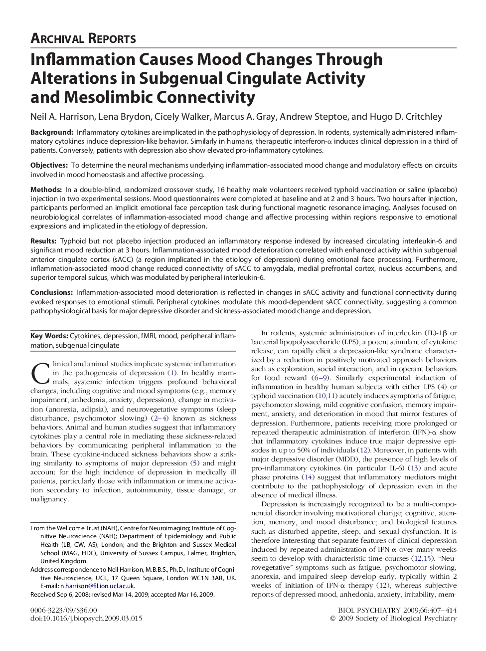 Inflammation Causes Mood Changes Through Alterations in Subgenual Cingulate Activity and Mesolimbic Connectivity