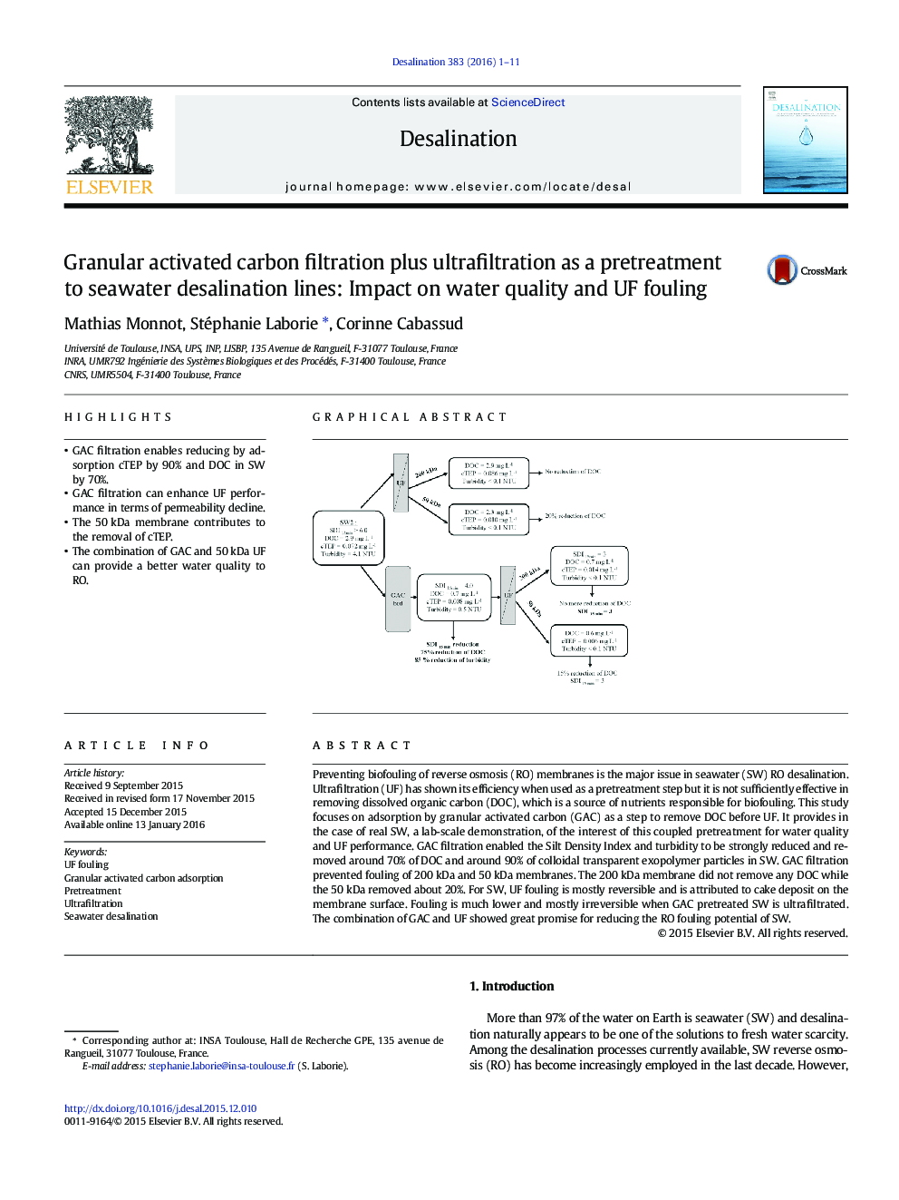 Granular activated carbon filtration plus ultrafiltration as a pretreatment to seawater desalination lines: Impact on water quality and UF fouling