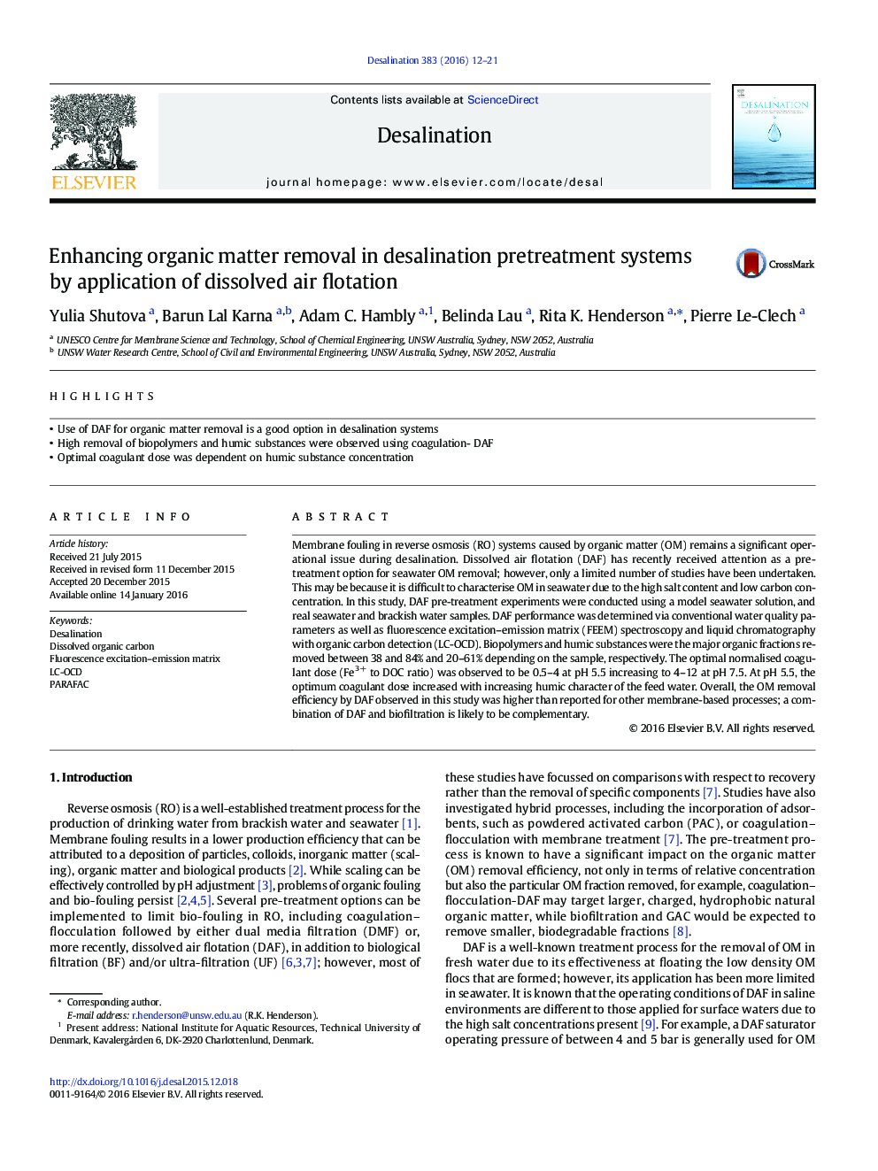 Enhancing organic matter removal in desalination pretreatment systems by application of dissolved air flotation