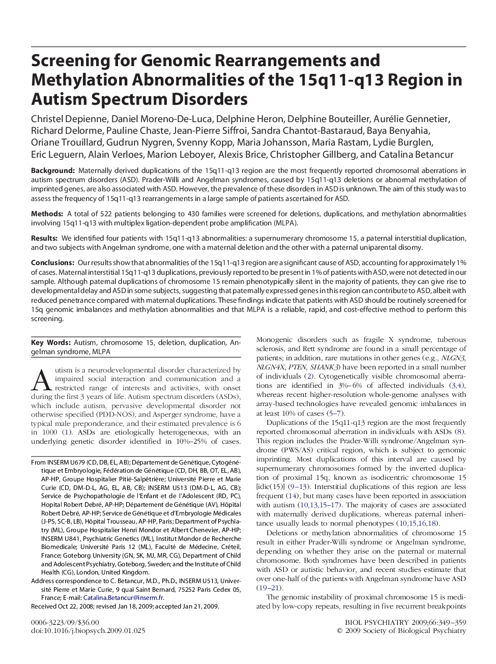 Screening for Genomic Rearrangements and Methylation Abnormalities of the 15q11-q13 Region in Autism Spectrum Disorders