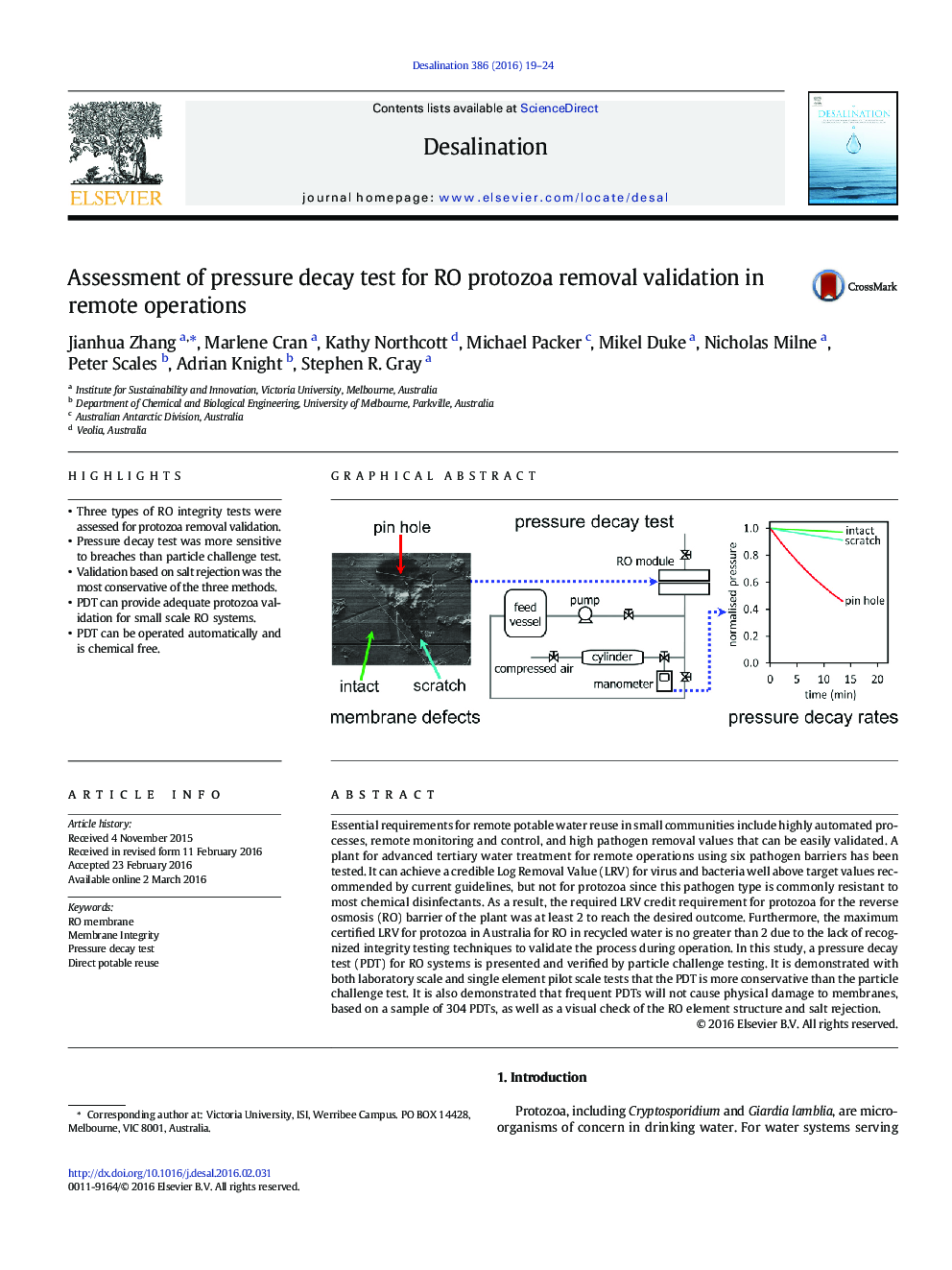 Assessment of pressure decay test for RO protozoa removal validation in remote operations