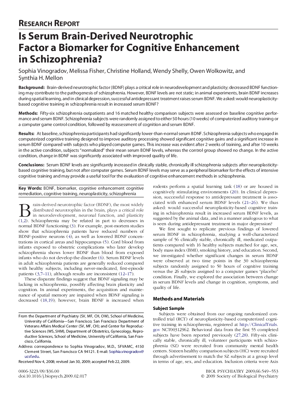 Is Serum Brain-Derived Neurotrophic Factor a Biomarker for Cognitive Enhancement in Schizophrenia?