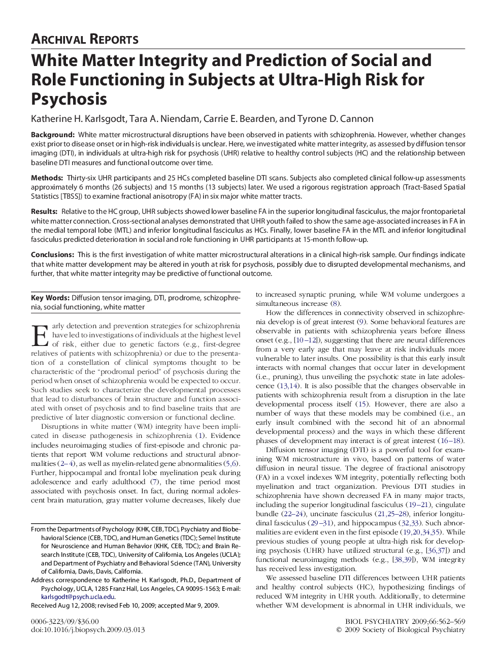 White Matter Integrity and Prediction of Social and Role Functioning in Subjects at Ultra-High Risk for Psychosis