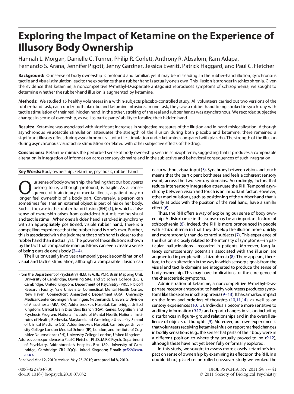 عکس صفحه اول مقاله: Exploring the Impact of Ketamine on the Experience of Illusory Body Ownership Exploring the Impact of Ketamine on the Experience of Illusory Body Ownership