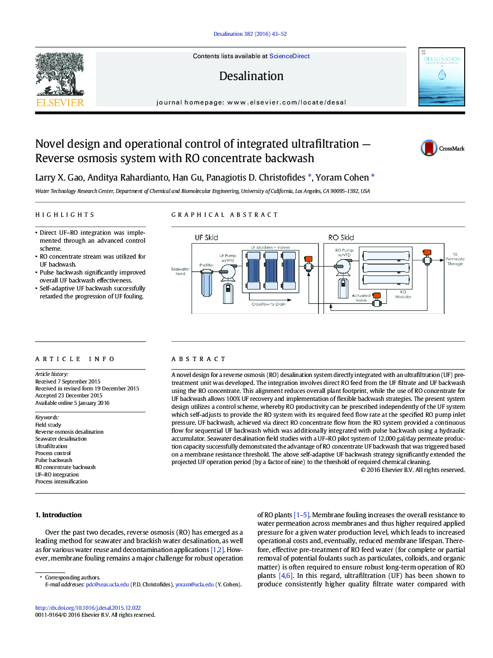 Novel design and operational control of integrated ultrafiltration — Reverse osmosis system with RO concentrate backwash