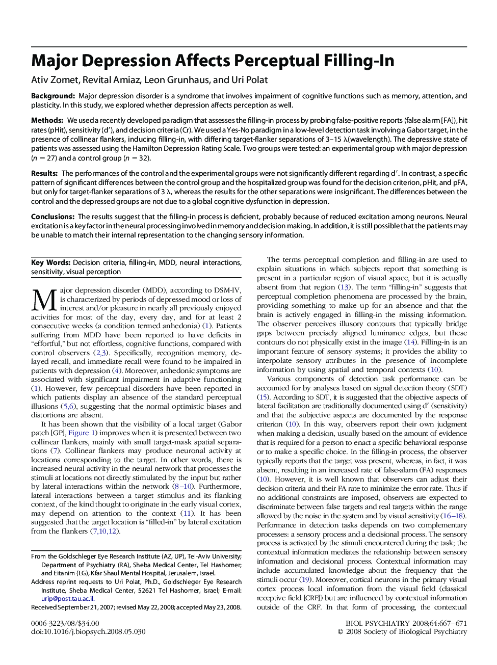 Major Depression Affects Perceptual Filling-In