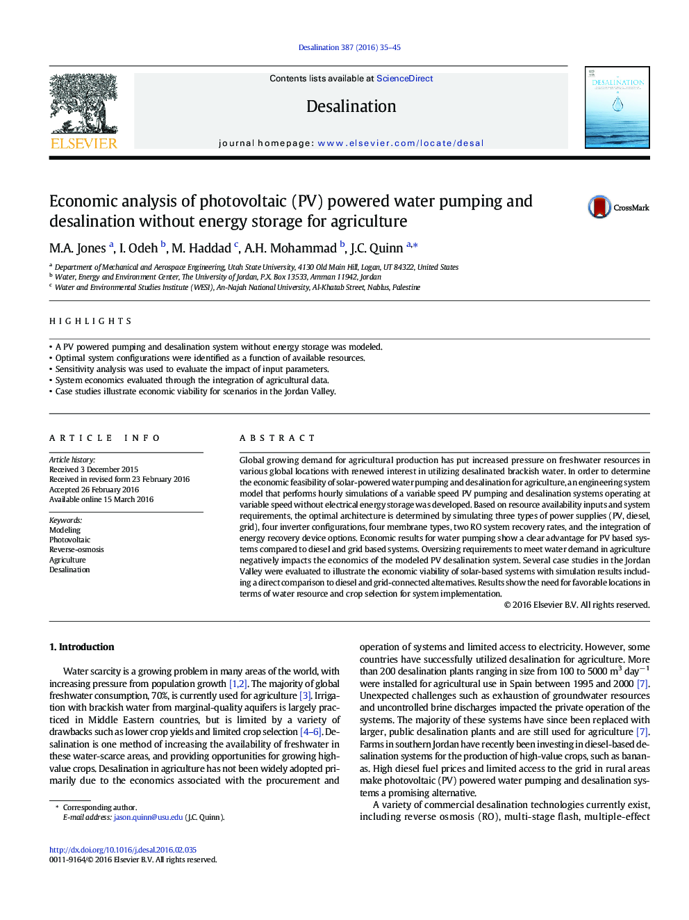 Economic analysis of photovoltaic (PV) powered water pumping and desalination without energy storage for agriculture