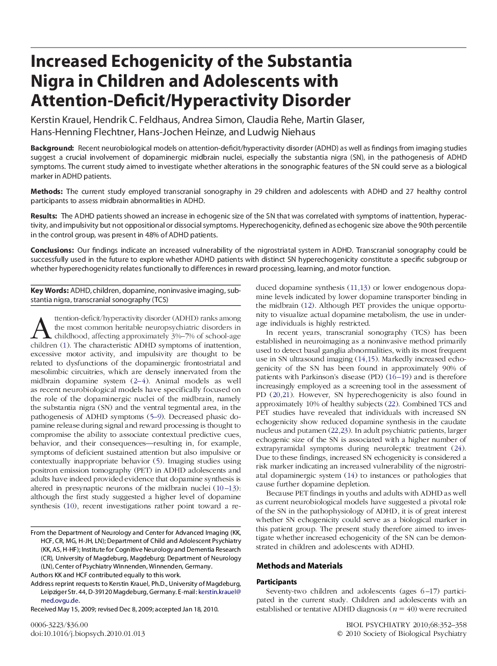 Increased Echogenicity of the Substantia Nigra in Children and Adolescents with Attention-Deficit/Hyperactivity Disorder