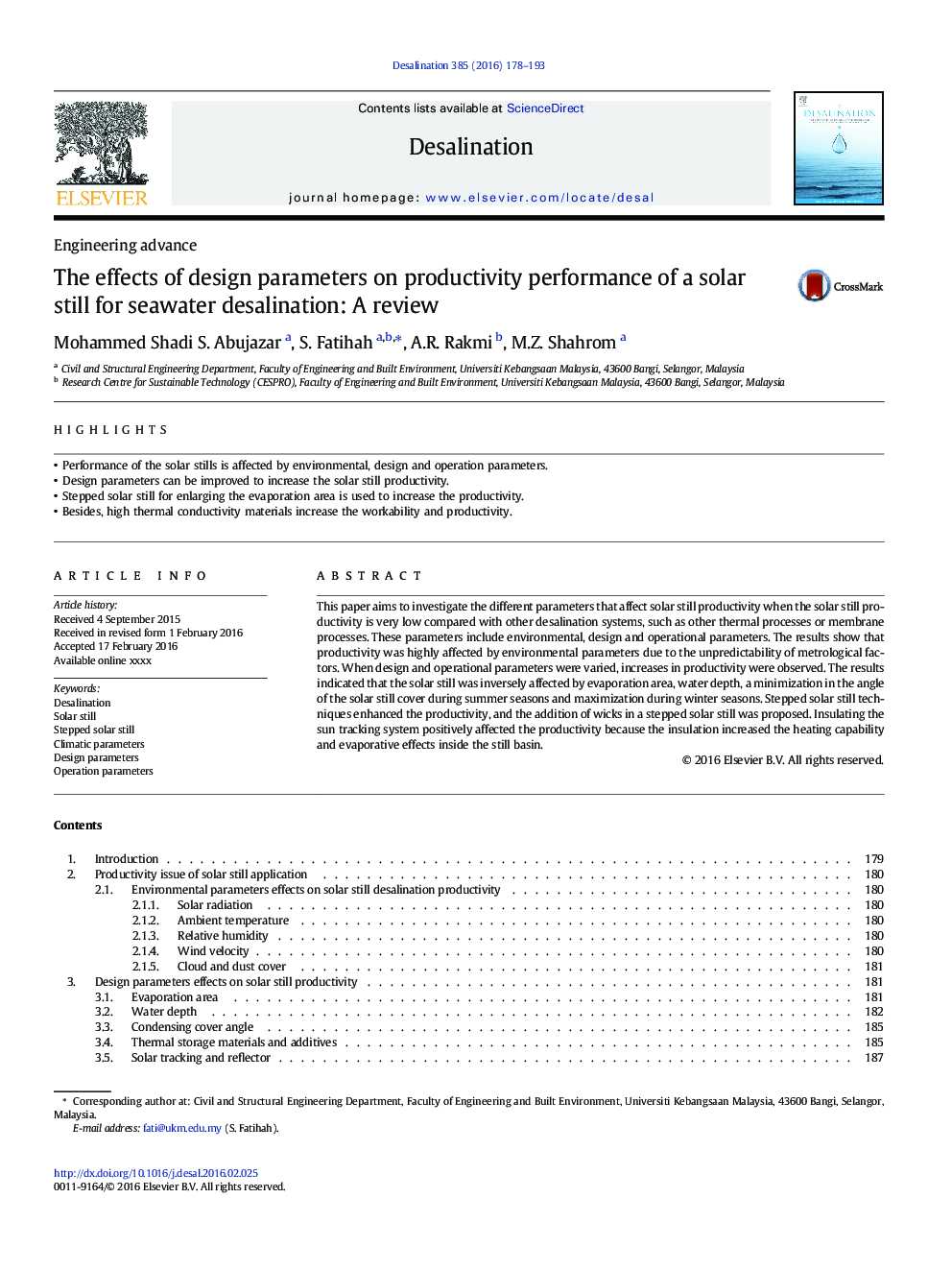 The effects of design parameters on productivity performance of a solar still for seawater desalination: A review