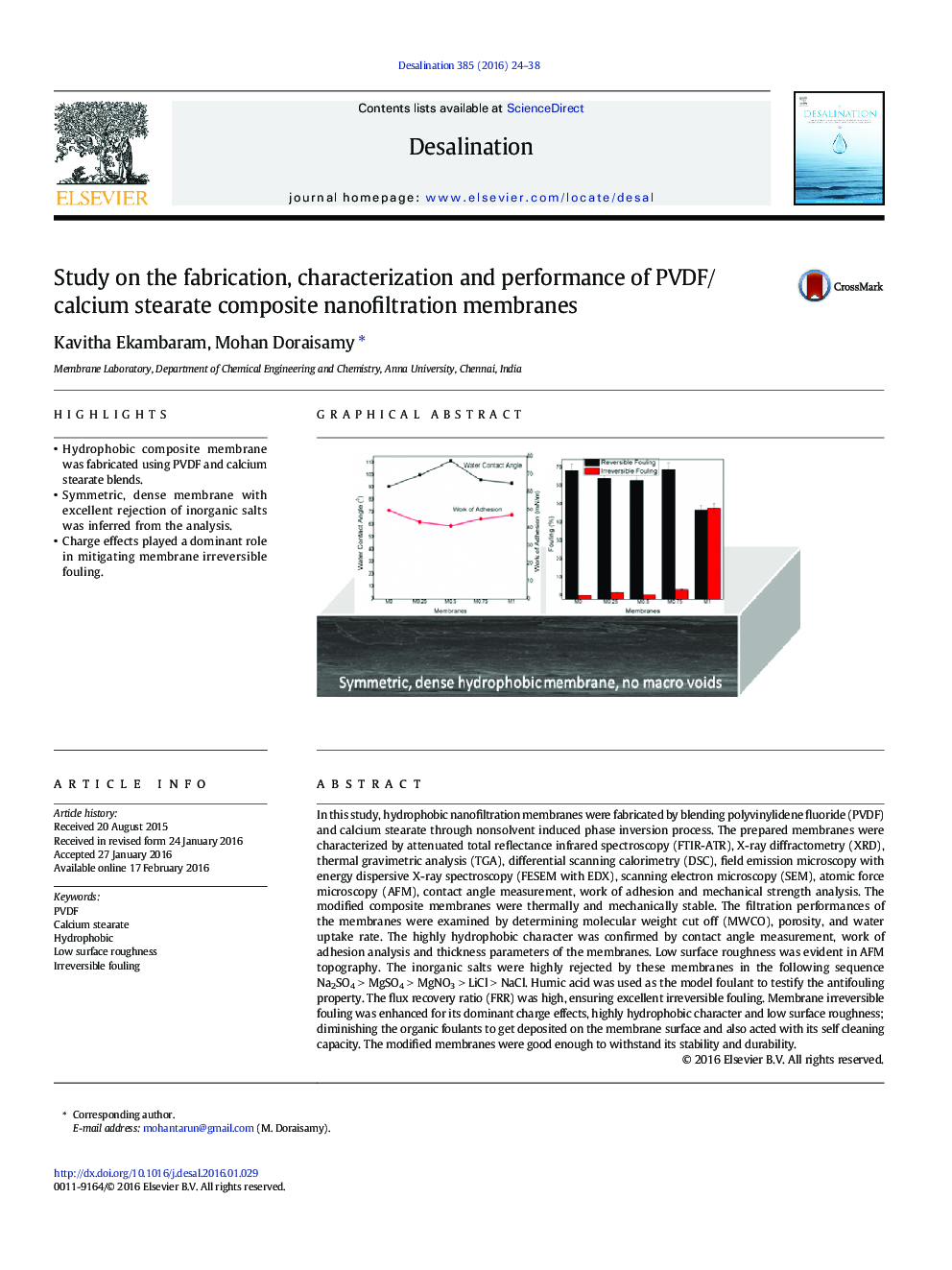 Study on the fabrication, characterization and performance of PVDF/calcium stearate composite nanofiltration membranes