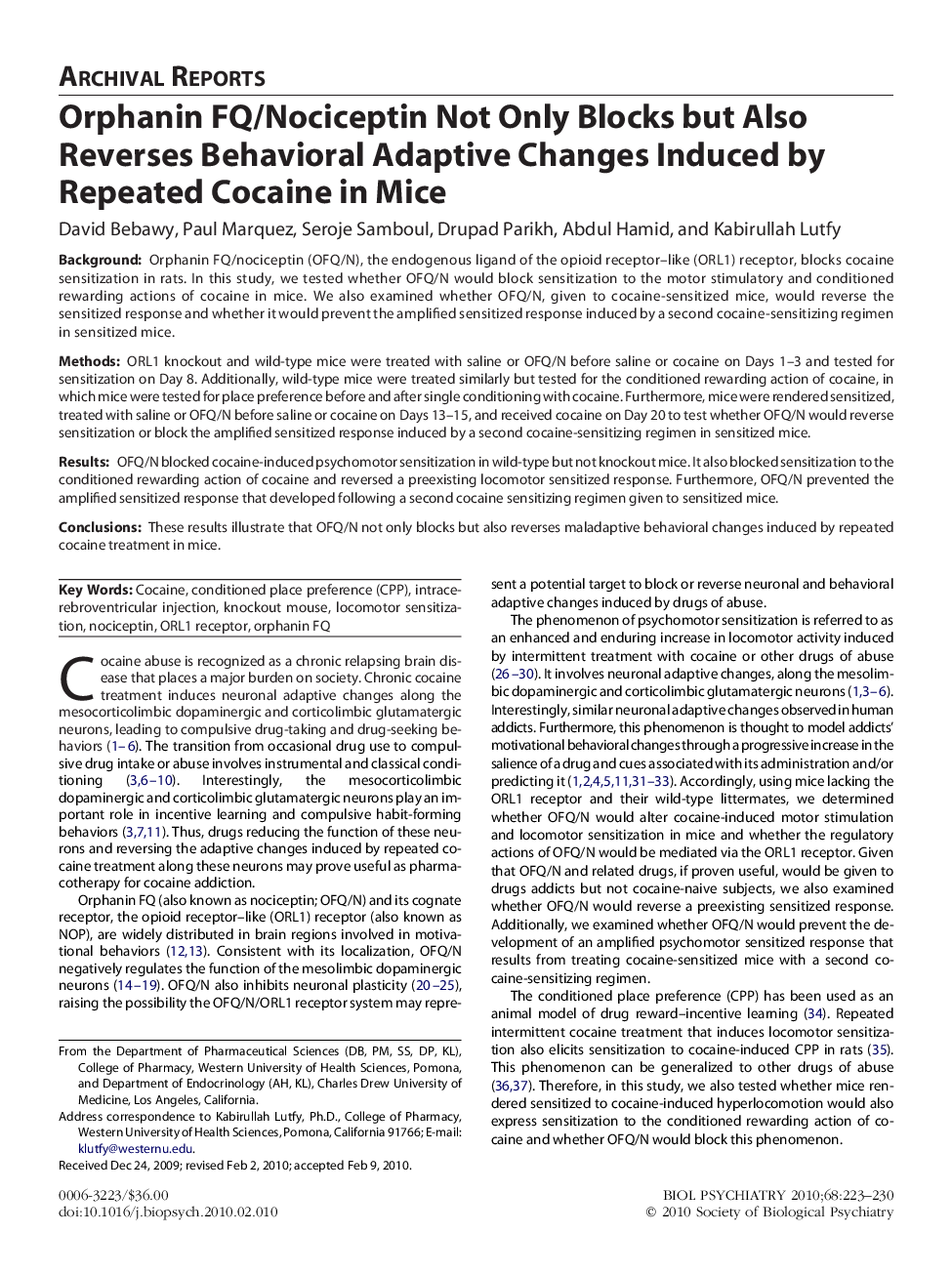 Orphanin FQ/Nociceptin Not Only Blocks but Also Reverses Behavioral Adaptive Changes Induced by Repeated Cocaine in Mice