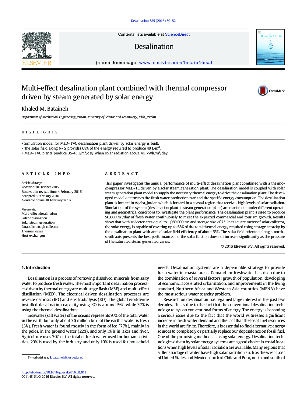 Multi-effect desalination plant combined with thermal compressor driven by steam generated by solar energy