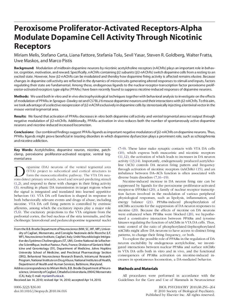 Peroxisome Proliferator-Activated Receptors-Alpha Modulate Dopamine Cell Activity Through Nicotinic Receptors