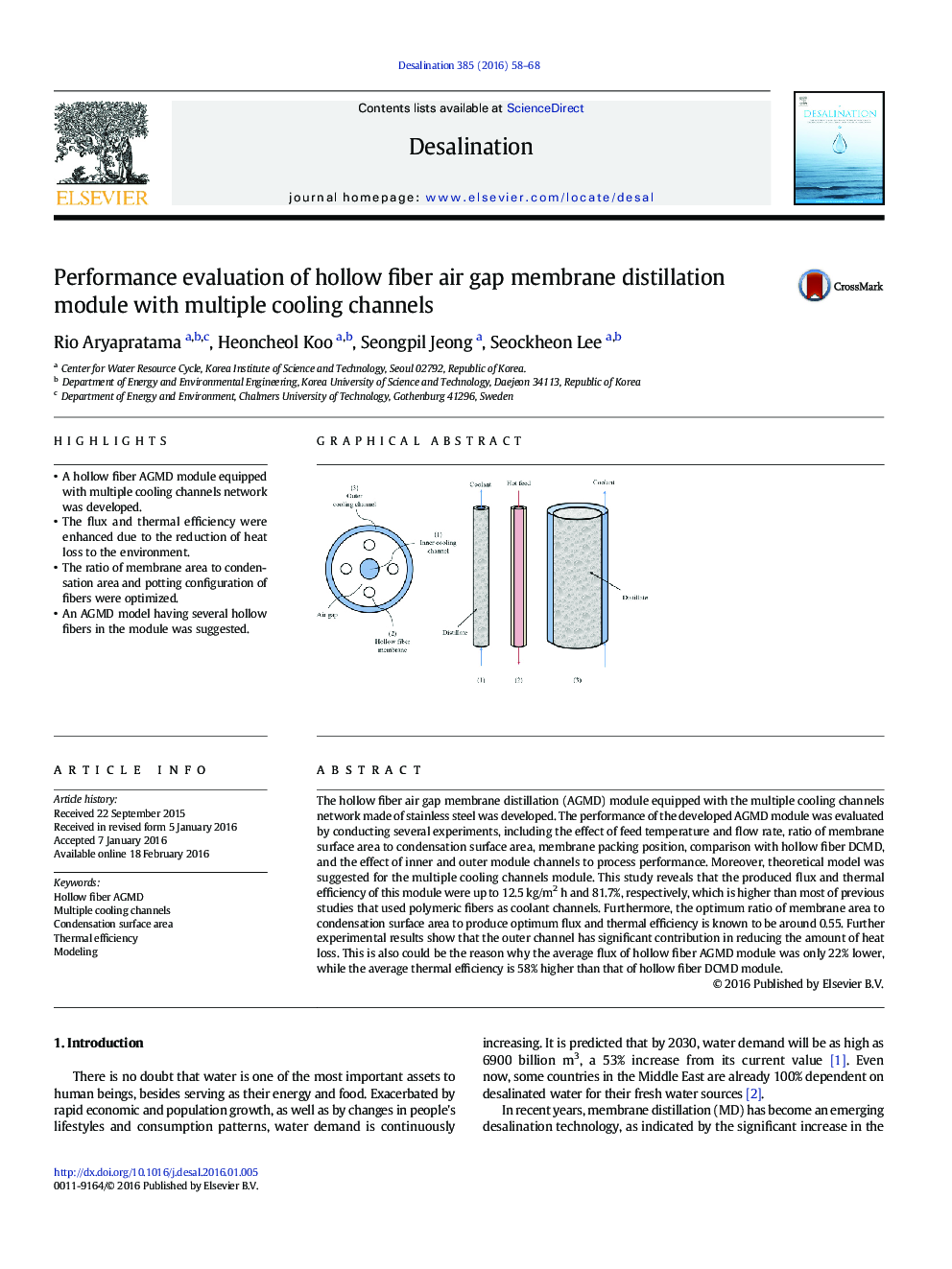 Performance evaluation of hollow fiber air gap membrane distillation module with multiple cooling channels