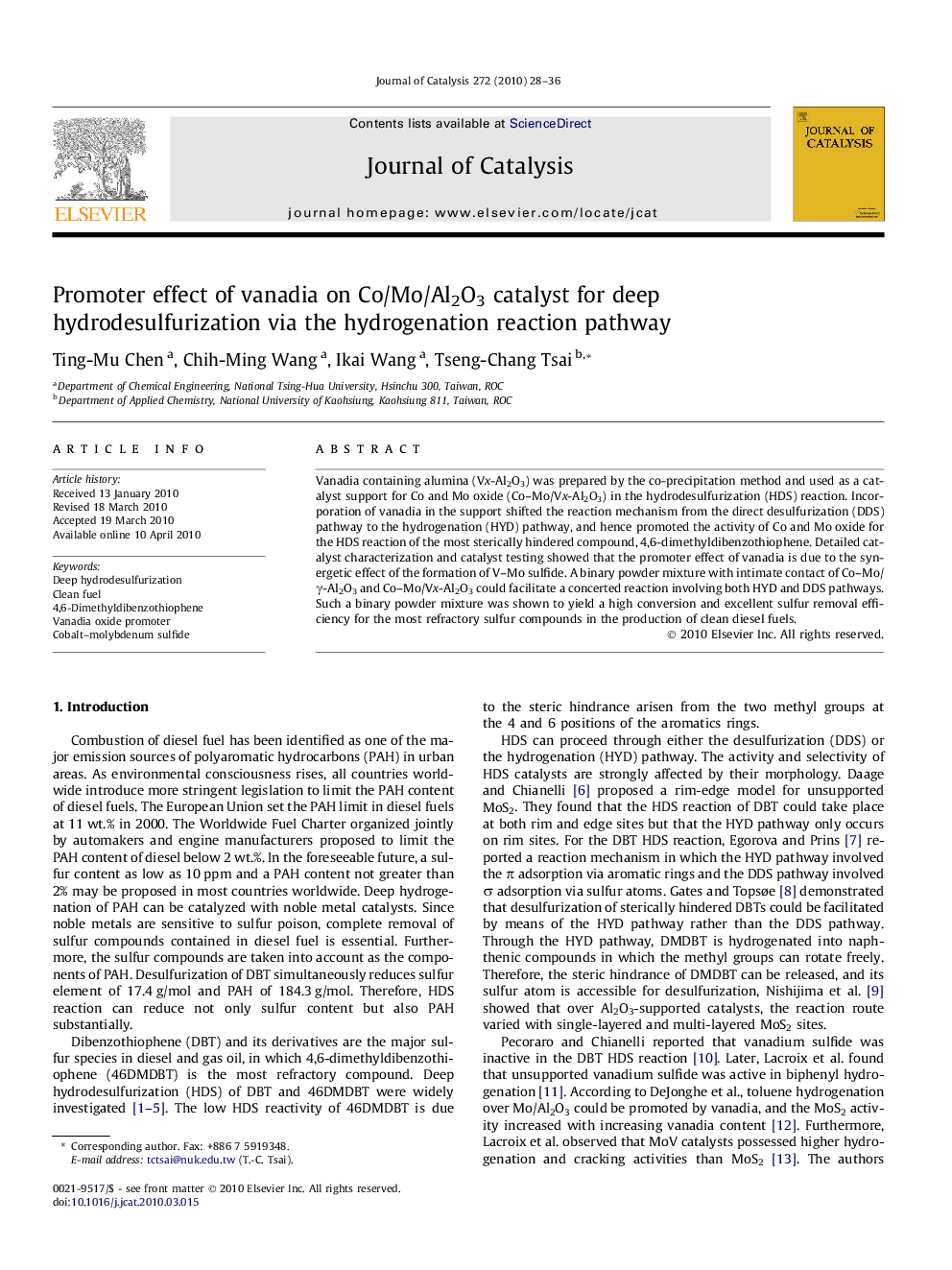 Promoter effect of vanadia on Co/Mo/Al2O3 catalyst for deep hydrodesulfurization via the hydrogenation reaction pathway