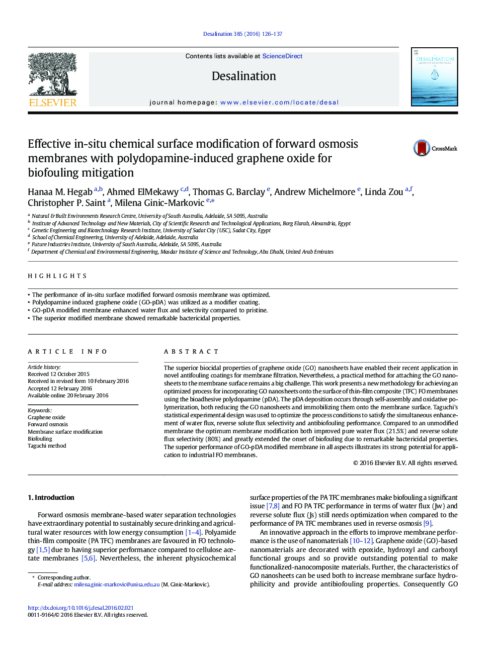 Effective in-situ chemical surface modification of forward osmosis membranes with polydopamine-induced graphene oxide for biofouling mitigation