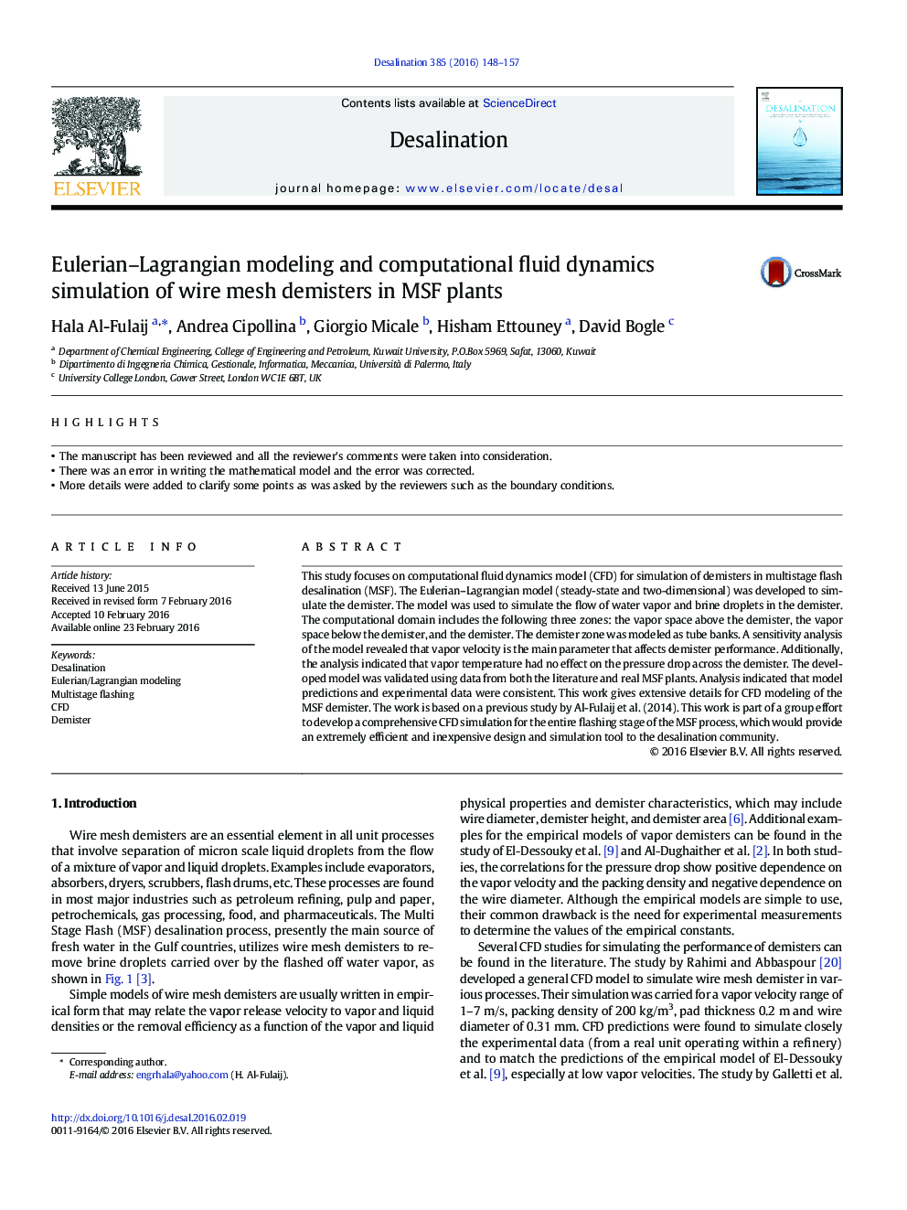 Eulerian–Lagrangian modeling and computational fluid dynamics simulation of wire mesh demisters in MSF plants