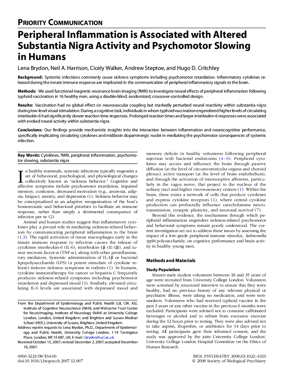 Peripheral Inflammation is Associated with Altered Substantia Nigra Activity and Psychomotor Slowing in Humans