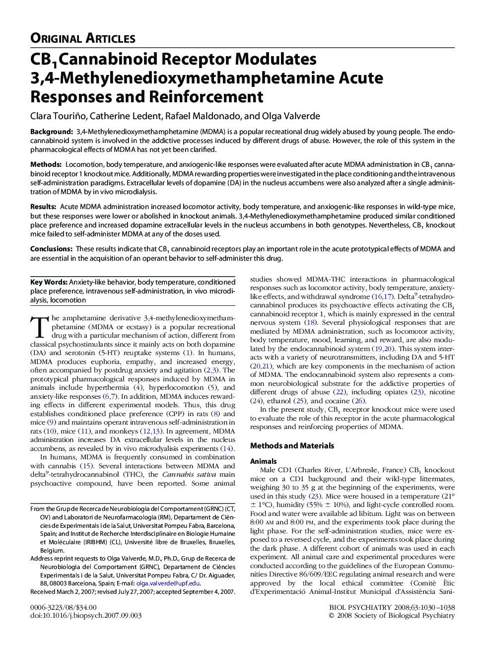 CB1Cannabinoid Receptor Modulates 3,4-Methylenedioxymethamphetamine Acute Responses and Reinforcement