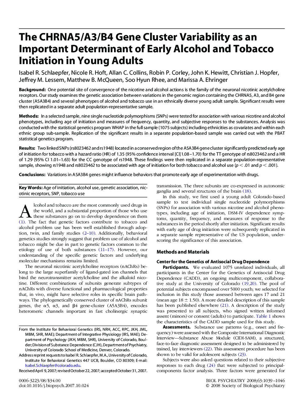 The CHRNA5/A3/B4 Gene Cluster Variability as an Important Determinant of Early Alcohol and Tobacco Initiation in Young Adults