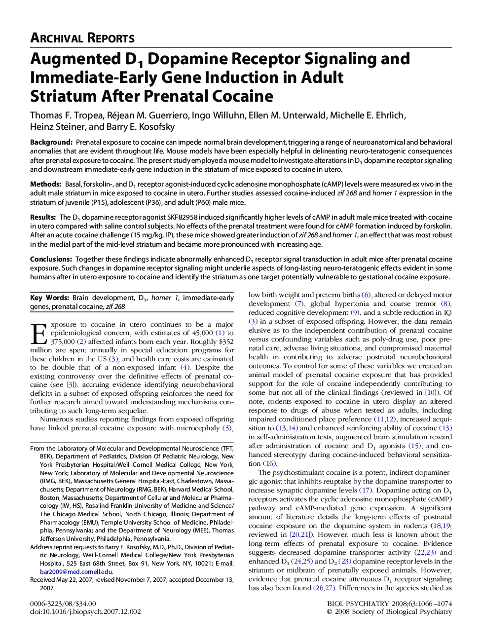 Augmented D1 Dopamine Receptor Signaling and Immediate-Early Gene Induction in Adult Striatum After Prenatal Cocaine