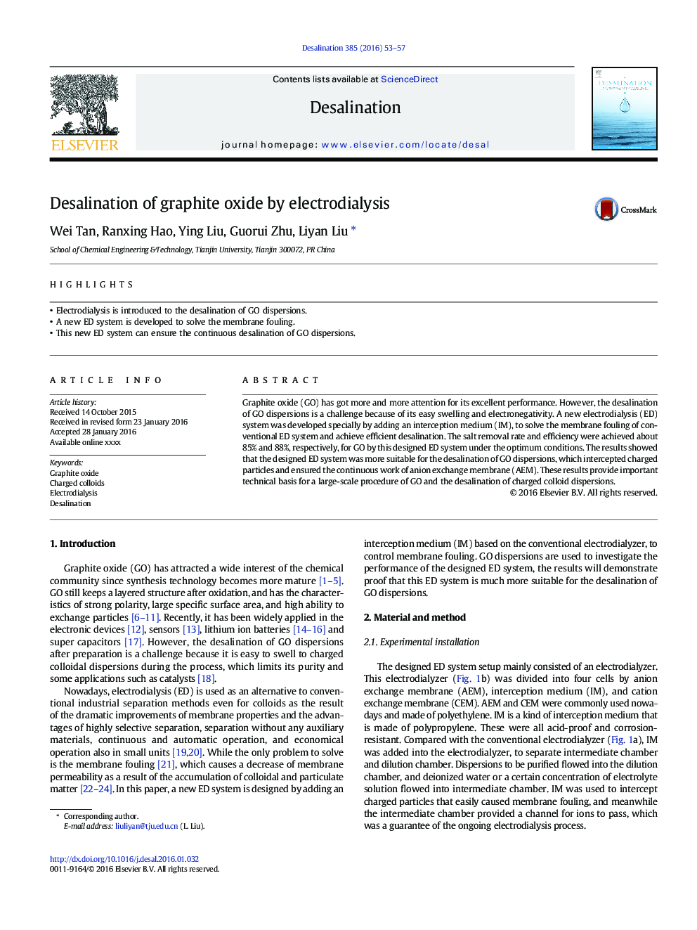 Desalination of graphite oxide by electrodialysis