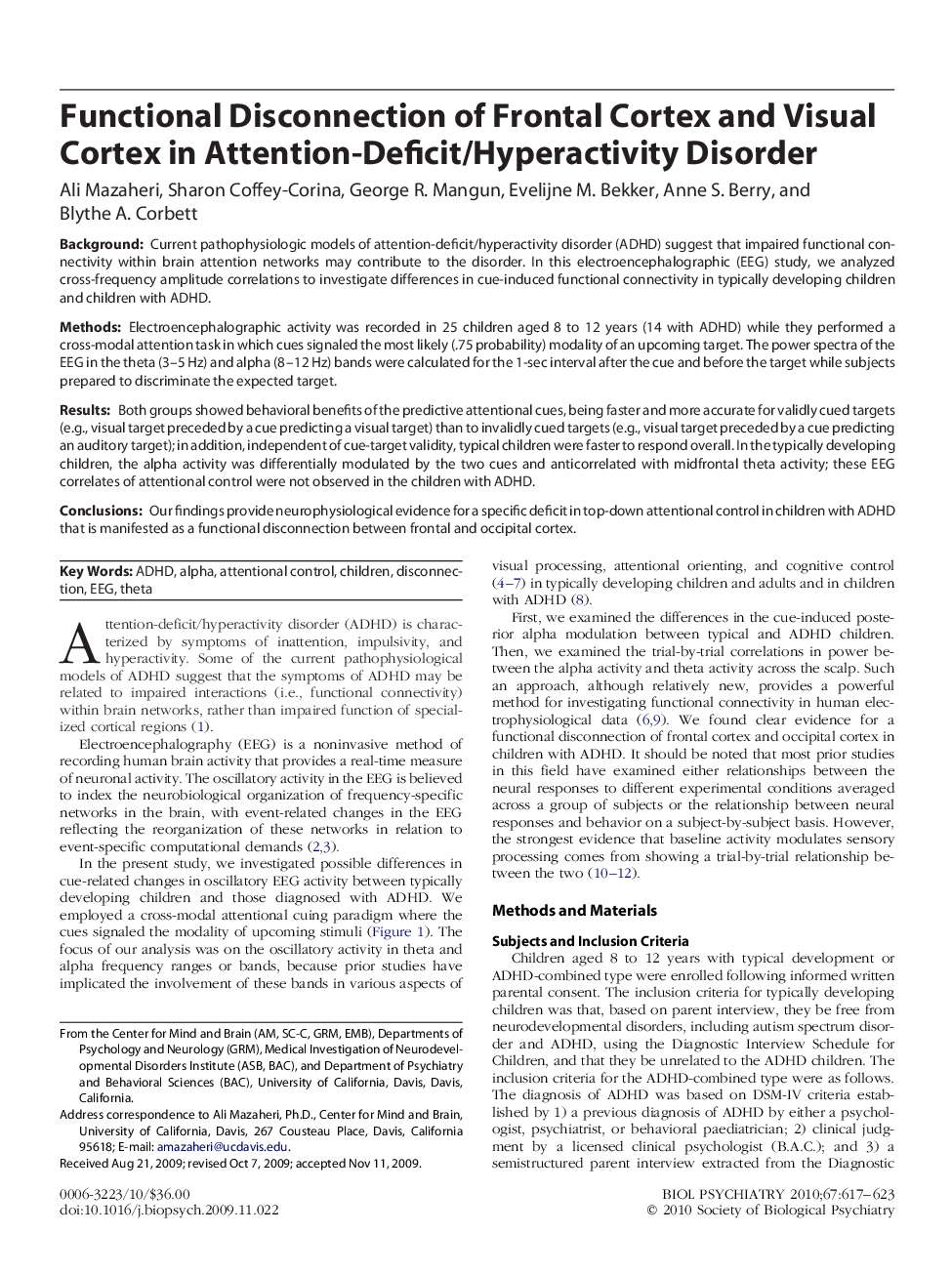 Functional Disconnection of Frontal Cortex and Visual Cortex in Attention-Deficit/Hyperactivity Disorder