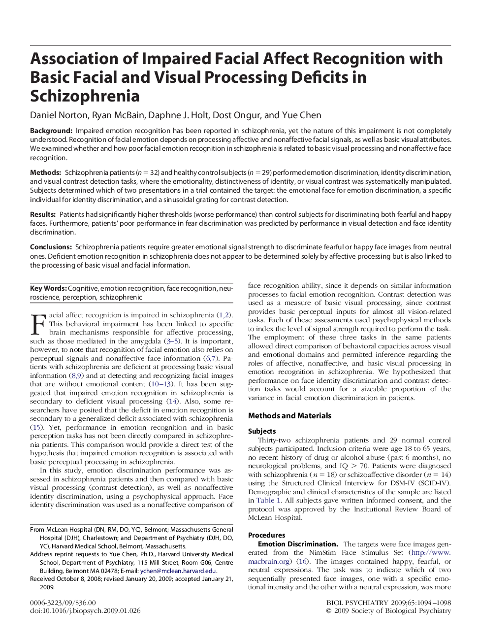 Association of Impaired Facial Affect Recognition with Basic Facial and Visual Processing Deficits in Schizophrenia