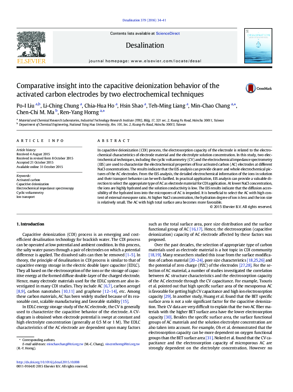 Comparative insight into the capacitive deionization behavior of the activated carbon electrodes by two electrochemical techniques