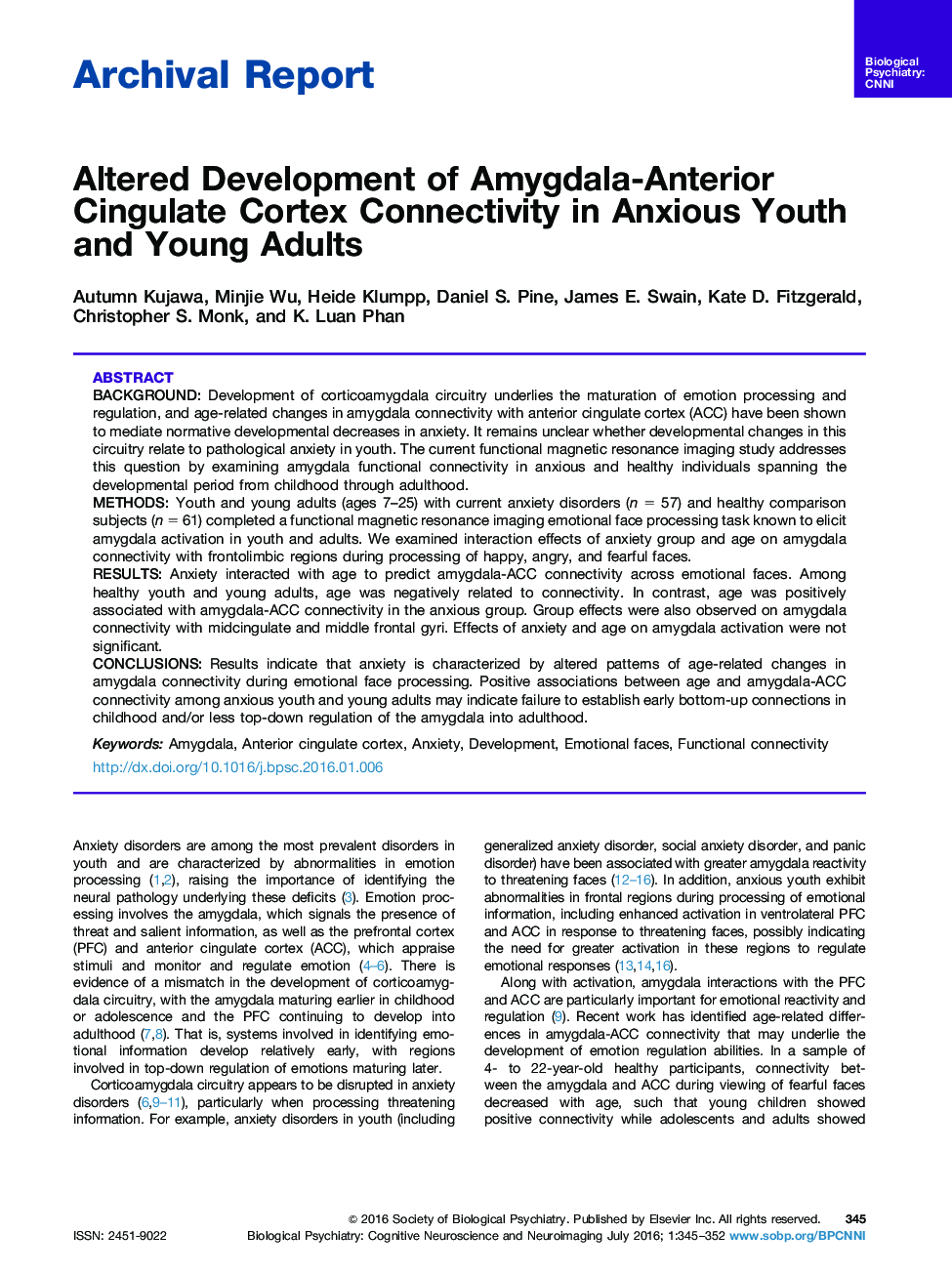 Altered Development of Amygdala-Anterior Cingulate Cortex Connectivity in Anxious Youth and Young Adults