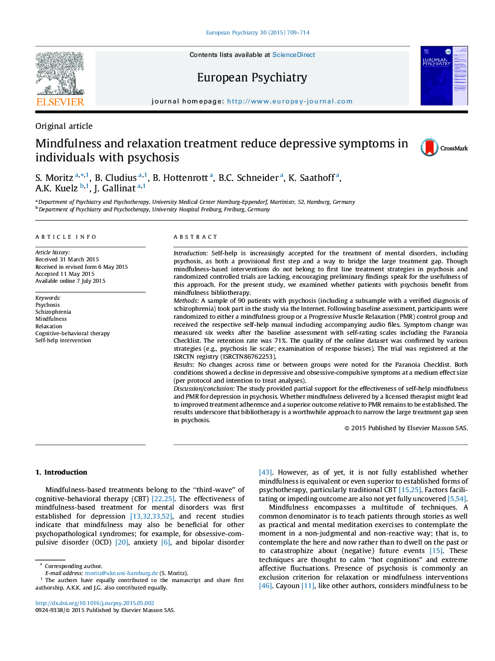 Mindfulness and relaxation treatment reduce depressive symptoms in individuals with psychosis