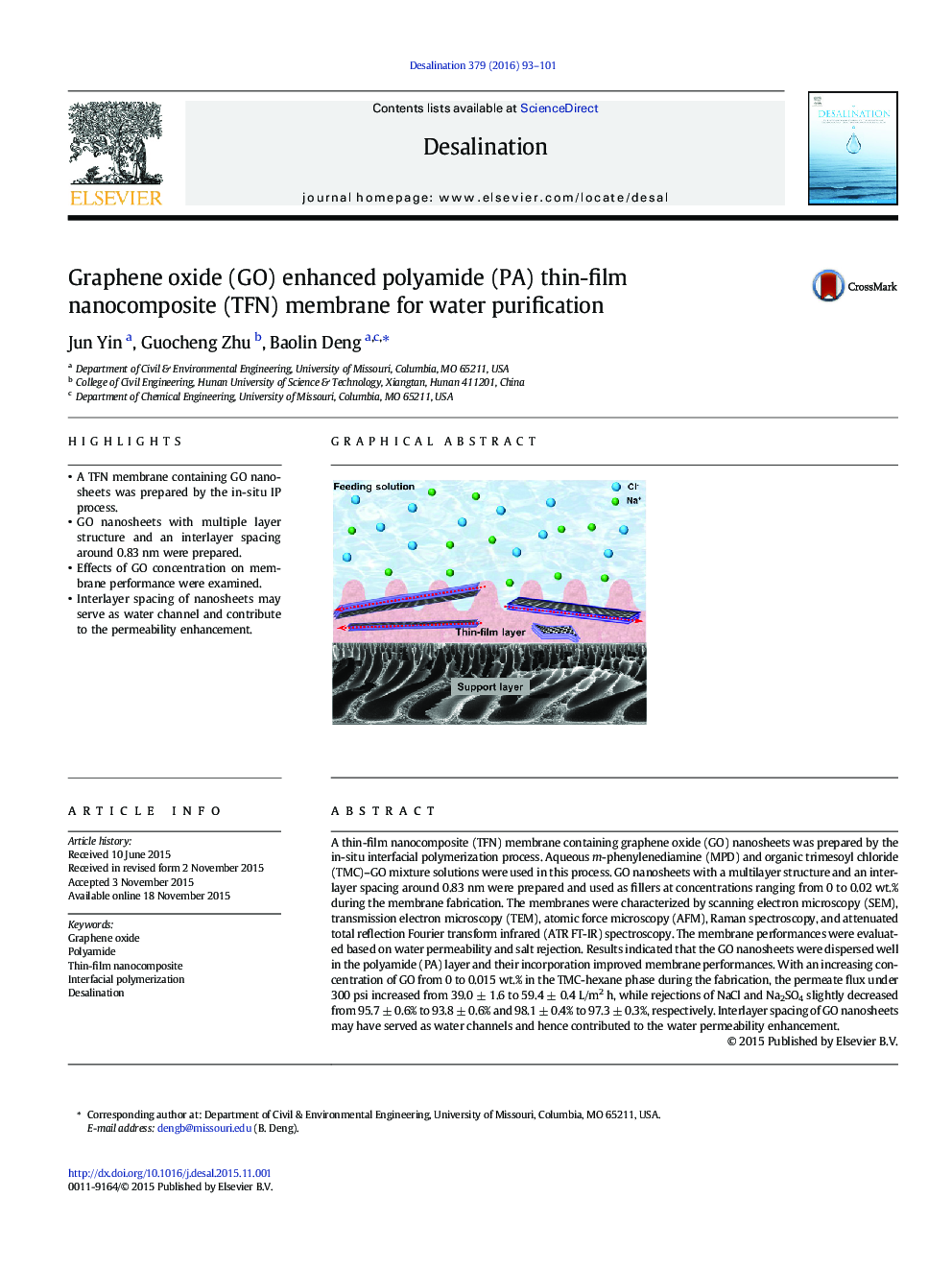Graphene oxide (GO) enhanced polyamide (PA) thin-film nanocomposite (TFN) membrane for water purification