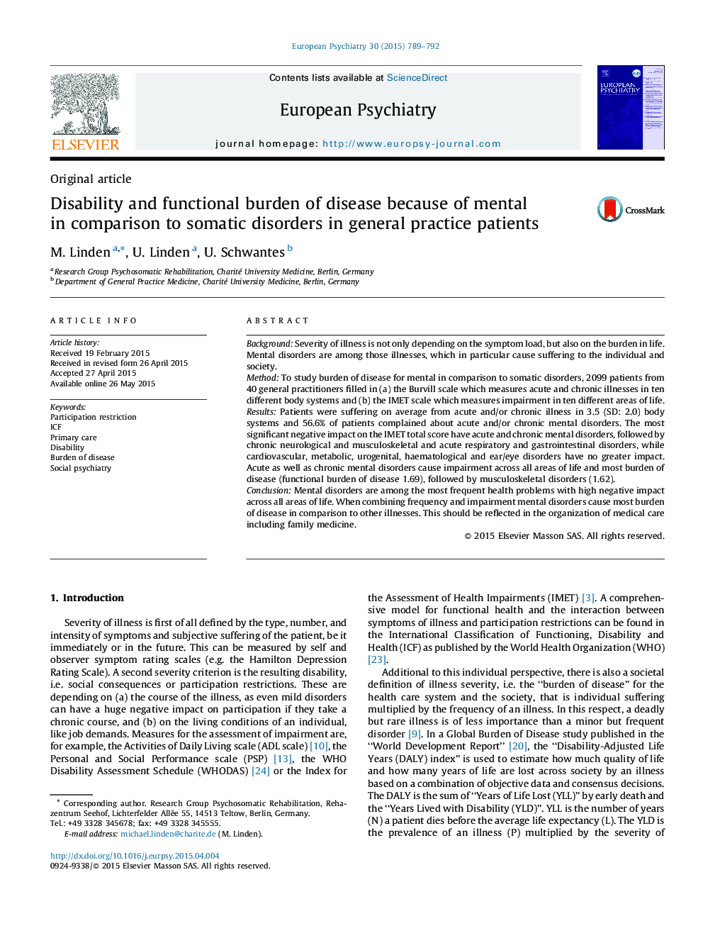 Disability and functional burden of disease because of mental in comparison to somatic disorders in general practice patients