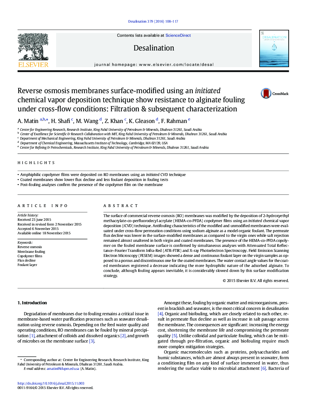 Reverse osmosis membranes surface-modified using an initiated chemical vapor deposition technique show resistance to alginate fouling under cross-flow conditions: Filtration & subsequent characterization