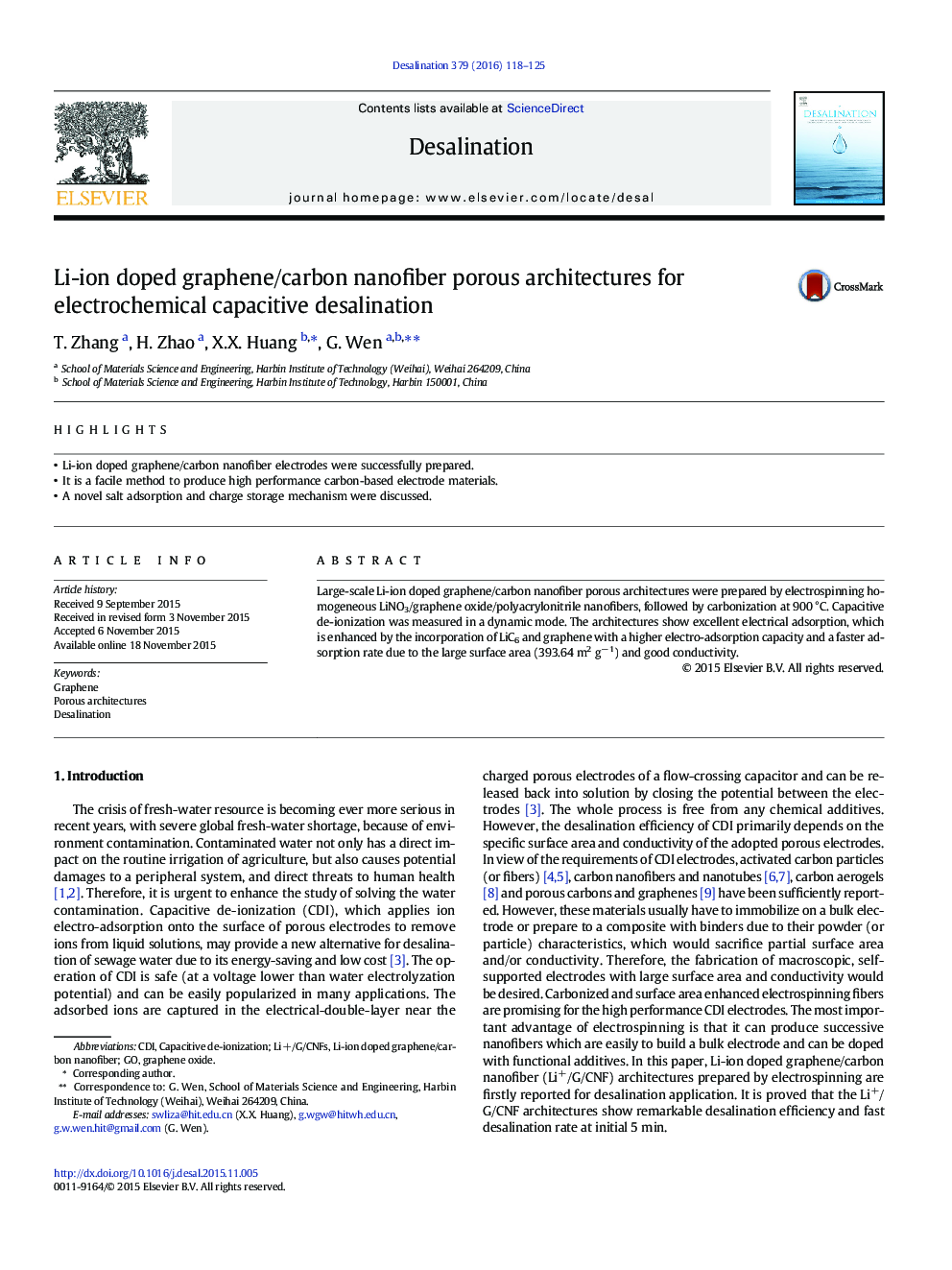 Li-ion doped graphene/carbon nanofiber porous architectures for electrochemical capacitive desalination