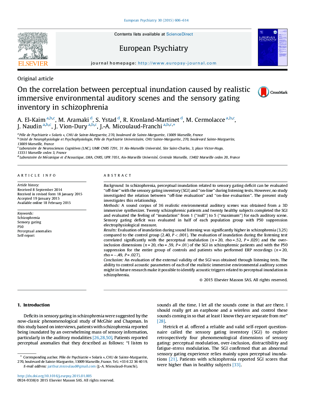 On the correlation between perceptual inundation caused by realistic immersive environmental auditory scenes and the sensory gating inventory in schizophrenia