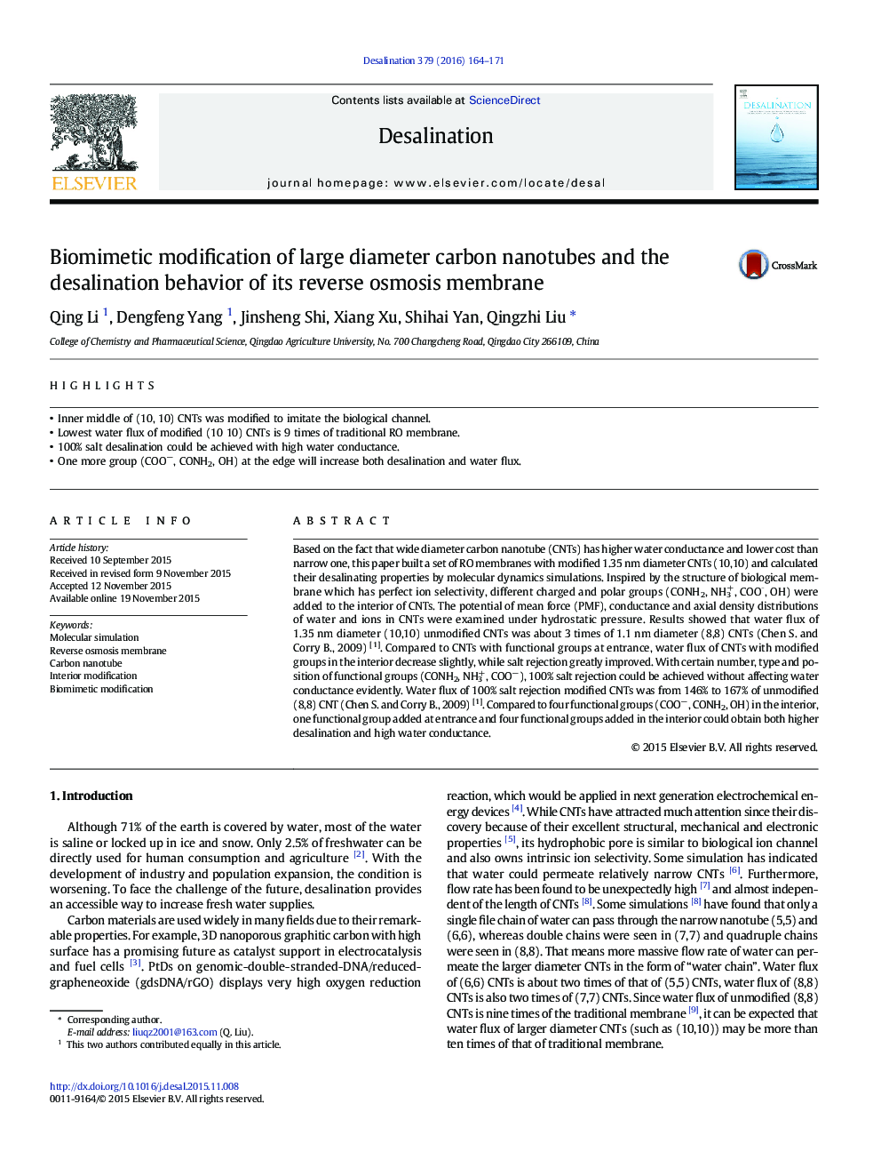 Biomimetic modification of large diameter carbon nanotubes and the desalination behavior of its reverse osmosis membrane