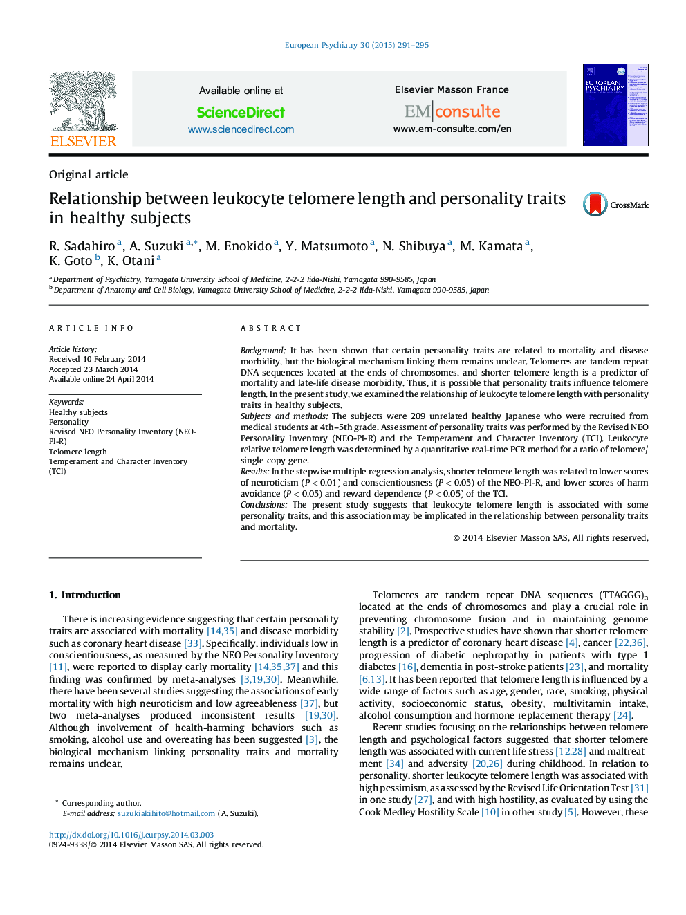 Relationship between leukocyte telomere length and personality traits in healthy subjects