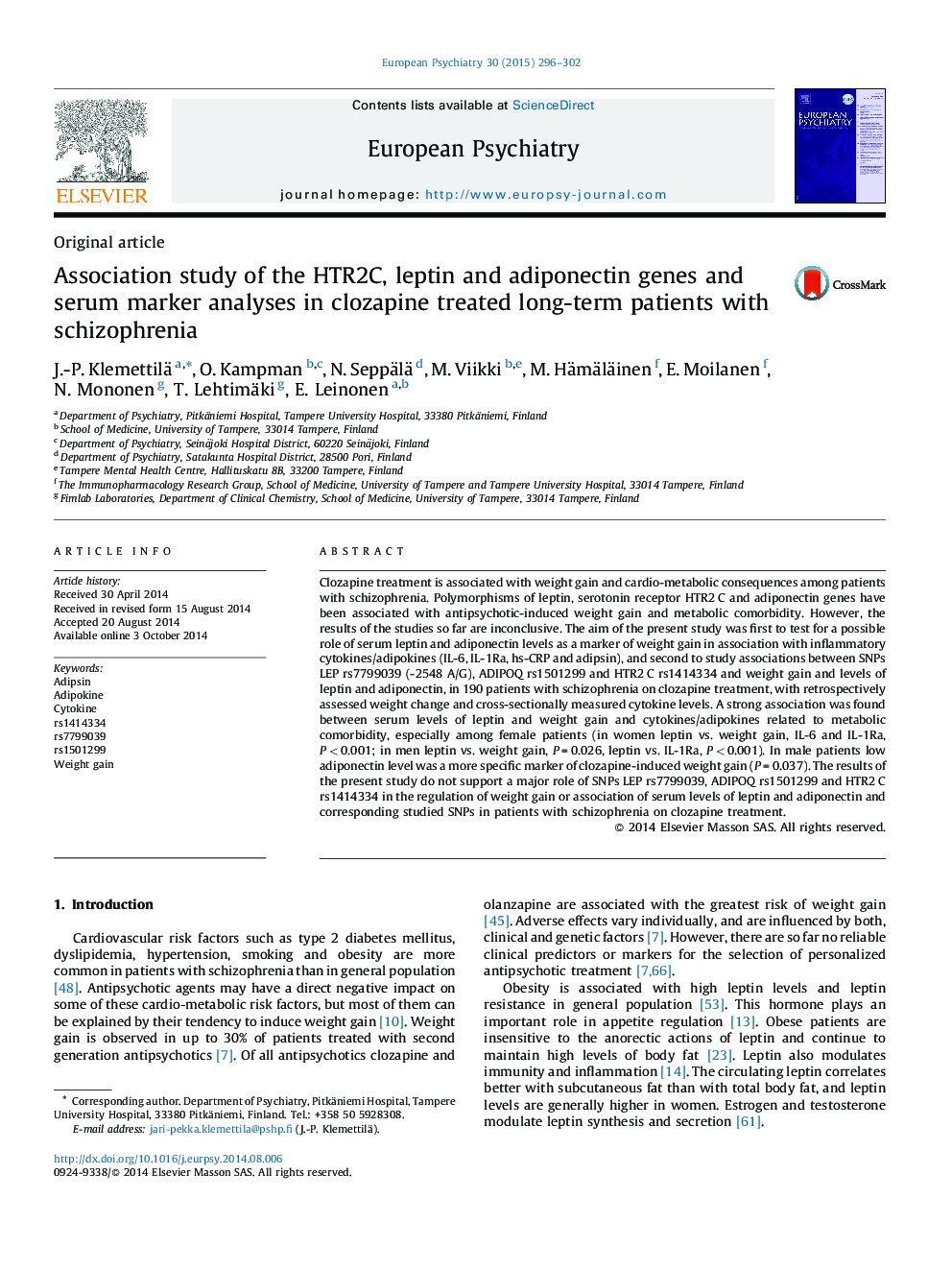 Association study of the HTR2C, leptin and adiponectin genes and serum marker analyses in clozapine treated long-term patients with schizophrenia