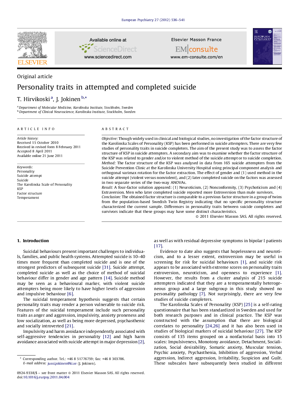 Personality traits in attempted and completed suicide