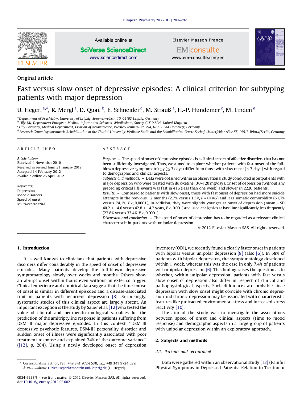 Fast versus slow onset of depressive episodes: A clinical criterion for subtyping patients with major depression