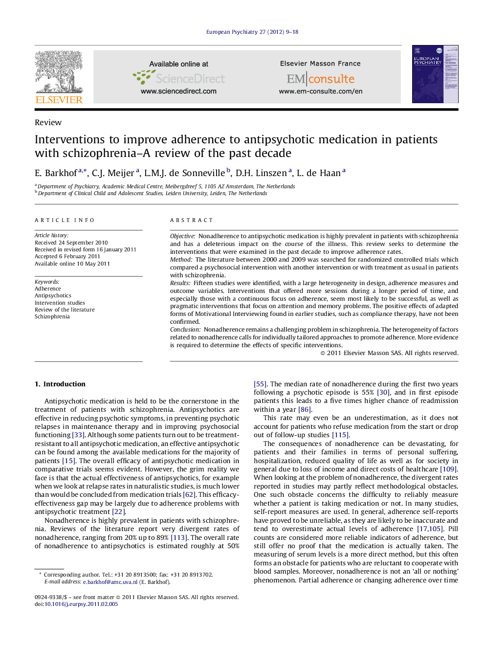 Interventions to improve adherence to antipsychotic medication in patients with schizophrenia-A review of the past decade