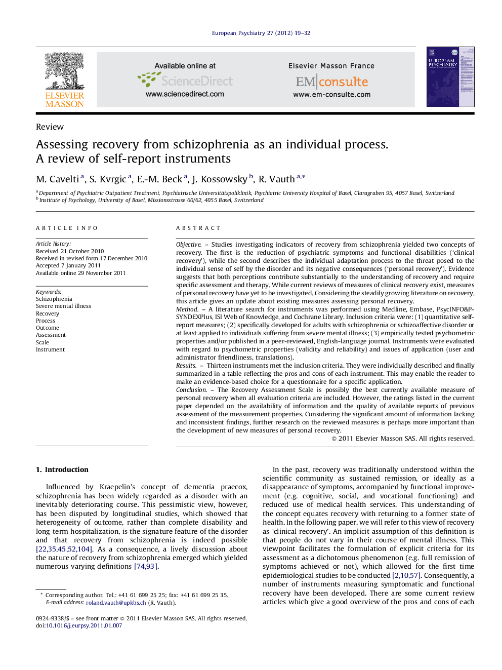 Assessing recovery from schizophrenia as an individual process. A review of self-report instruments