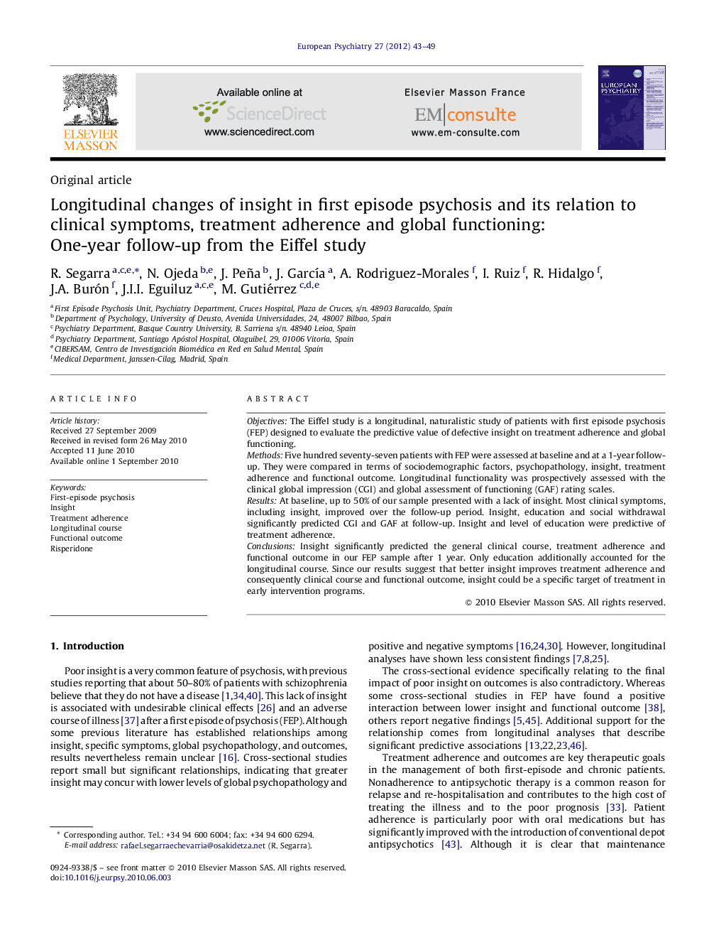 Longitudinal changes of insight in first episode psychosis and its relation to clinical symptoms, treatment adherence and global functioning: One-year follow-up from the Eiffel study