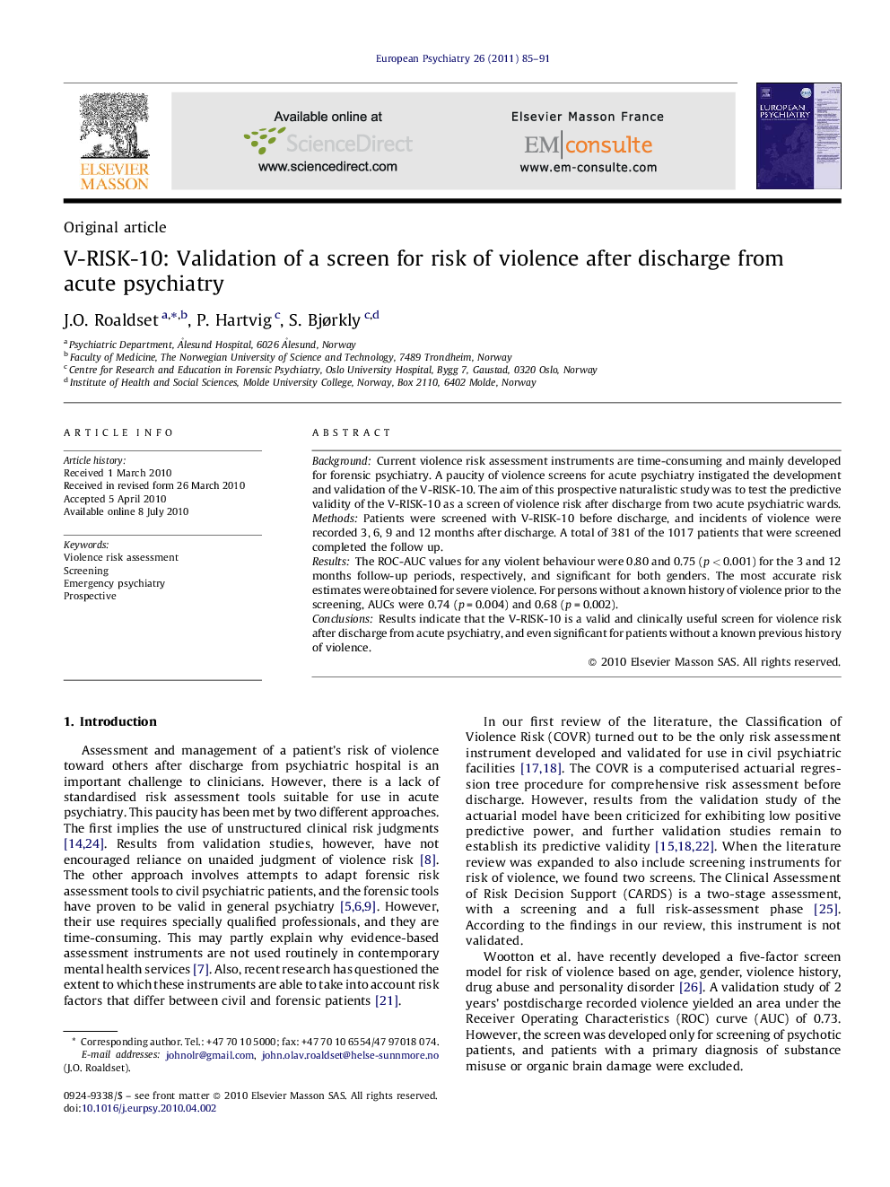 V-RISK-10: Validation of a screen for risk of violence after discharge from acute psychiatry