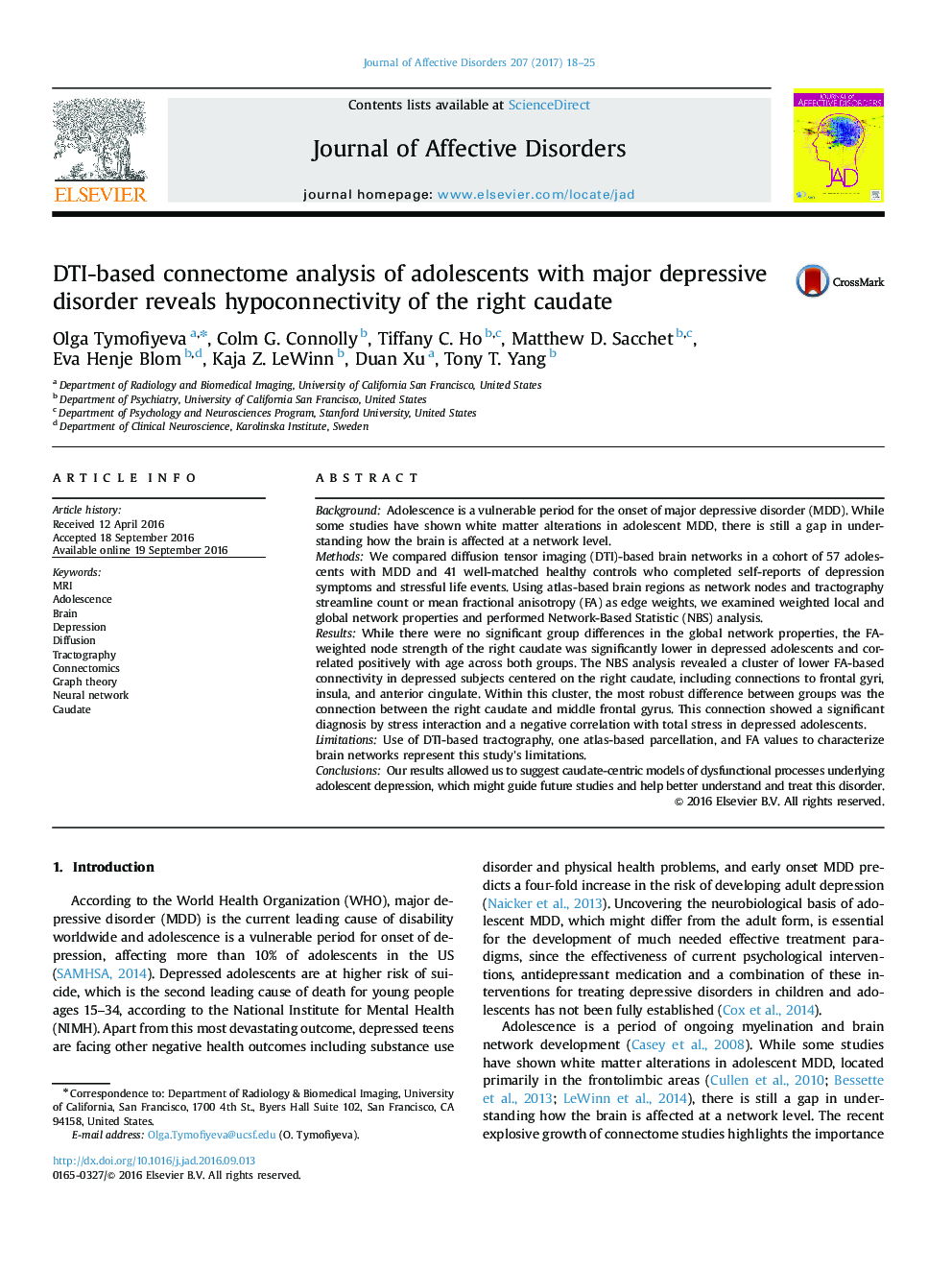 DTI-based connectome analysis of adolescents with major depressive disorder reveals hypoconnectivity of the right caudate